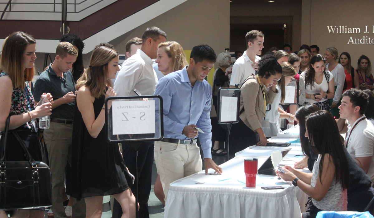 group of students checking in