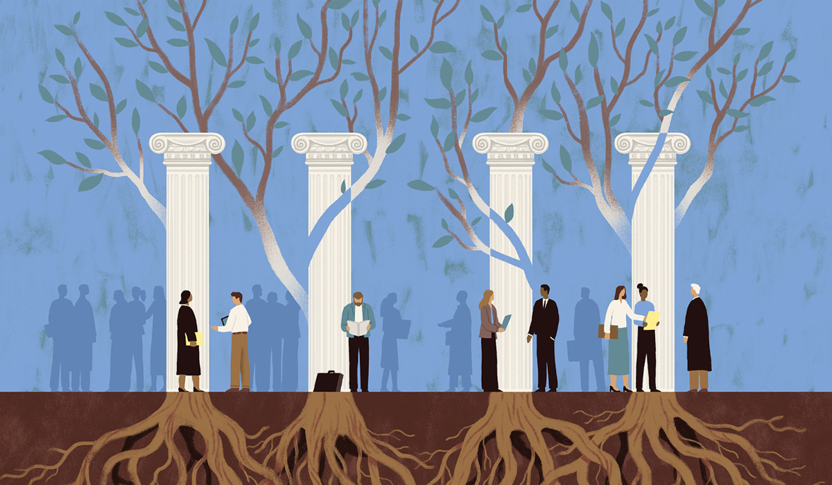 Illustration of people, pillars, and trees