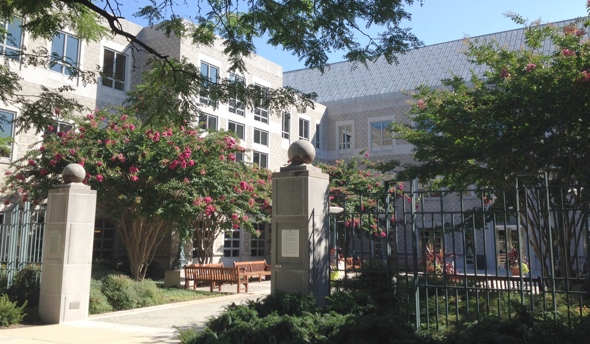 The courtyard entrance to the Columbus School of Law's building