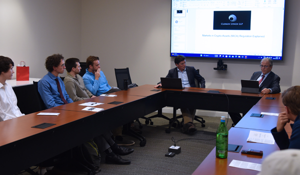 Mark Browne and Jack Murphy talking to Catholic Law students