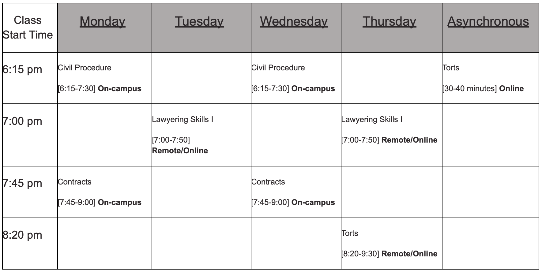 Part time Hybrid Sample Schedule