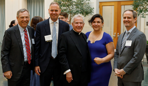 Dan Attridge, Scott Rembold, Father O'Brien, Katie Crowley, and Stephen Payne