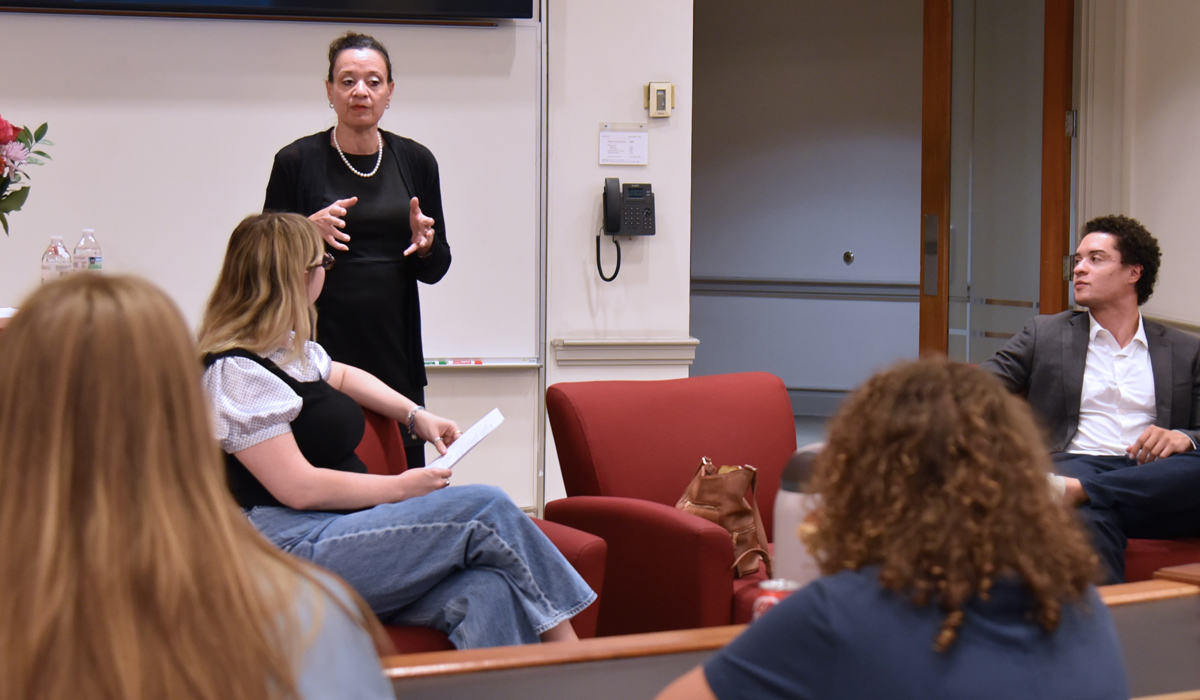 Magistrate Alisia Ferguson talking to law students at Catholic Law