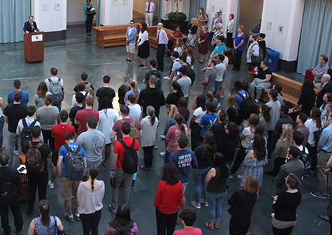 gathering in law school atrium