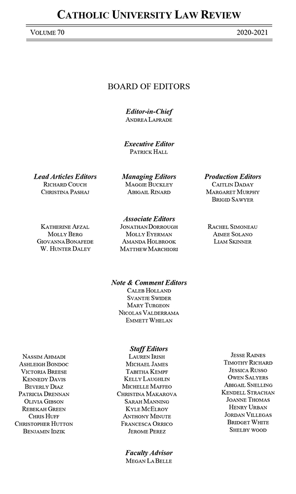 Catholic University Law Review masthead volume 70